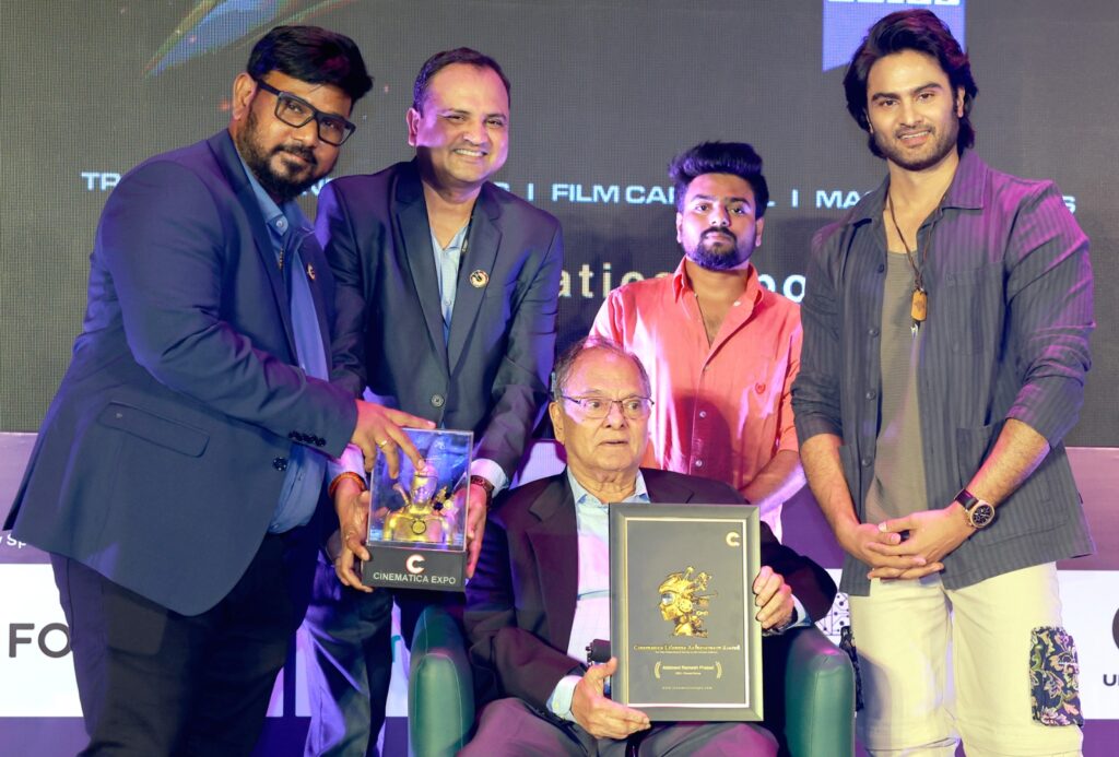 P.G. Vinda and Nawa Dalapati Sudheer Babu present the Cinematica Lifetime Achievement Award and the Cinematica Mini Mascot to the Visionary Ramesh Prasad of Prasad Group